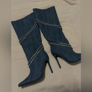Fashion Nova “denim blue” rhinestone boots